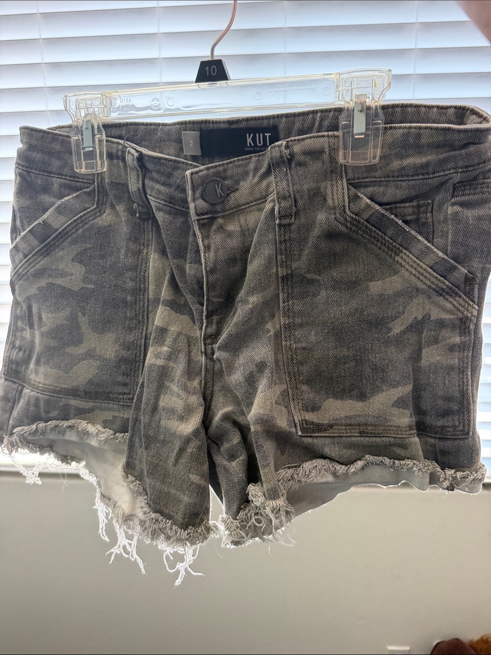 Kut from the Kloth Olive Camo Frayed Hem Denim Shorts